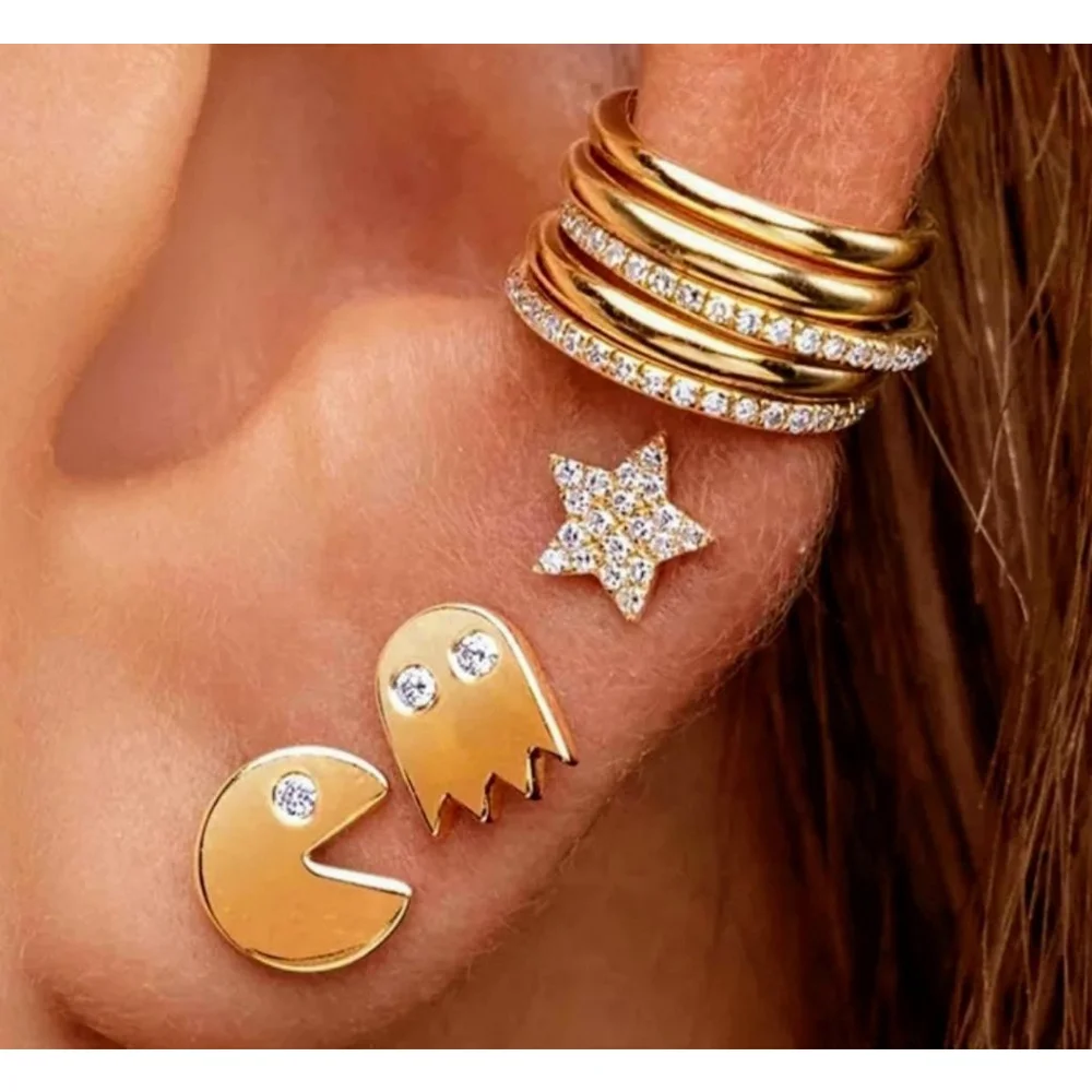 NEW Mismatch‎ 14k Gold Filled Pac-Man Diamond Accent Stud Earrings